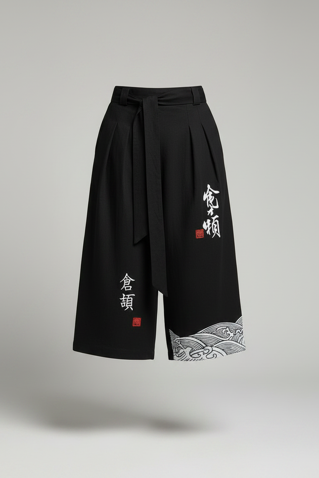 Pantalon Japonais Noir Fluide Brodé Vagues - Viscose - vue 3