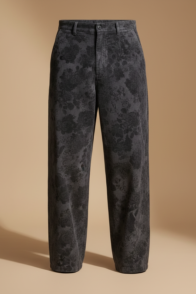 Pantalon Japonais Large Fleuri Gris Noir Décontracté - Coton - vue 3