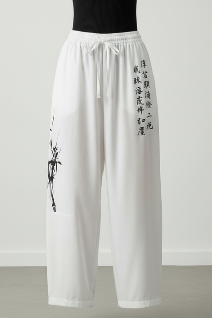 Pantalon Japonais Blanc Fluide Ample Bambou Calligraphie - Viscose - vue 3