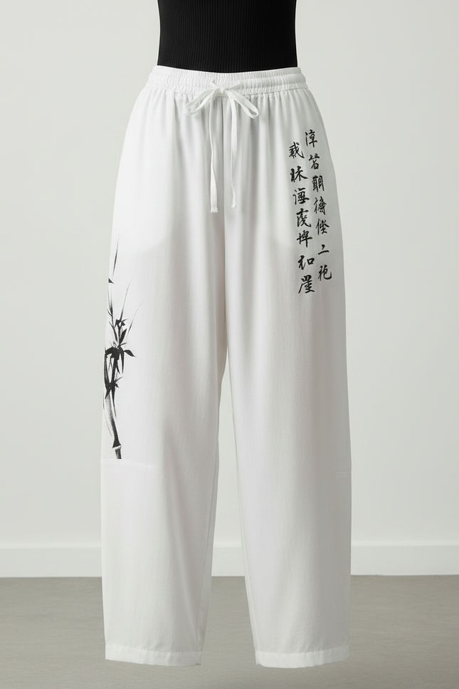 Pantalon Japonais Blanc Fluide Ample Bambou Calligraphie - Viscose - vue 3