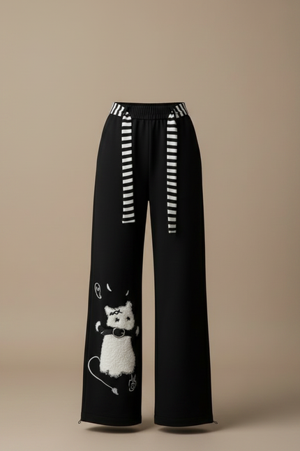 Pantalon Japonais Noir Large Chat Brodé Décontracté - Molleton - vue 3
