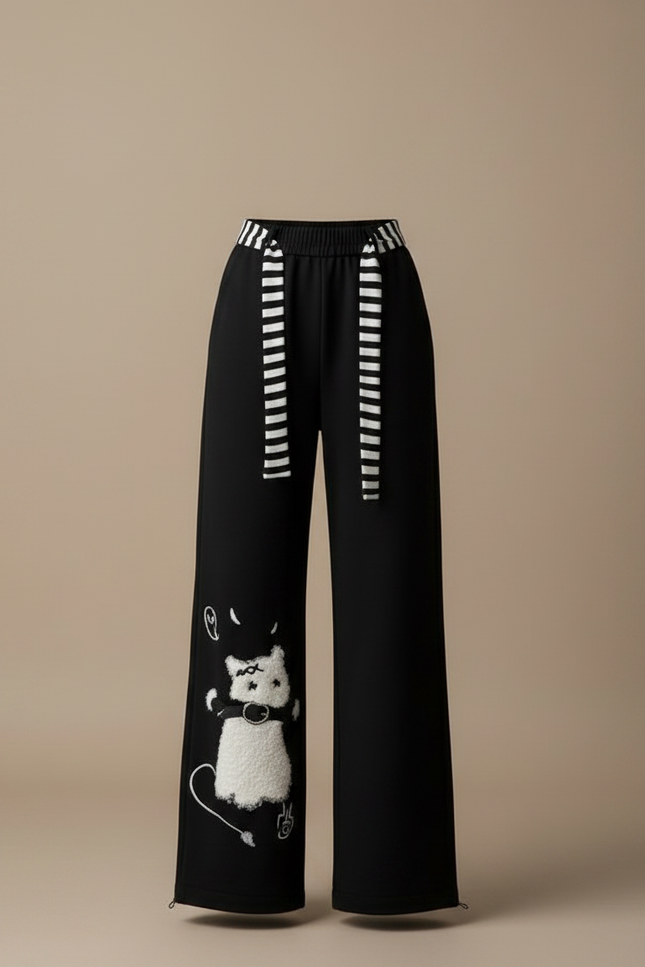 Pantalon Japonais Noir Large Chat Brodé Décontracté - Molleton - vue 3