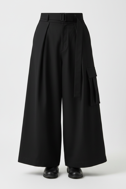 Pantalon Japonais Ample Noir Cargo Moderne Ceinturé - Polyester - vue 3