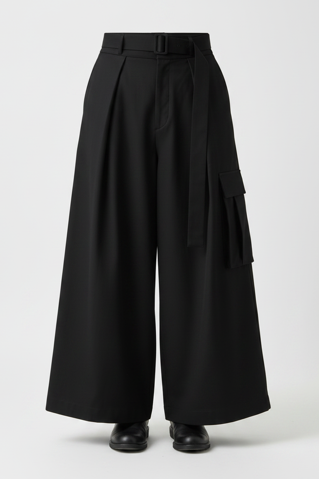 Pantalon Japonais Ample Noir Cargo Moderne Ceinturé - Polyester - vue 3