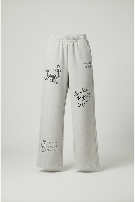 Pantalon Japonais Gris Ample Motif Chat Décontracté - Molleton - vue 3