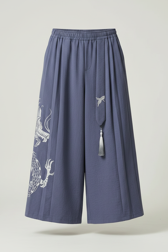 Pantalon Japonais Ample Bleu Dragon Tassels Fluide - Viscose - vue 3