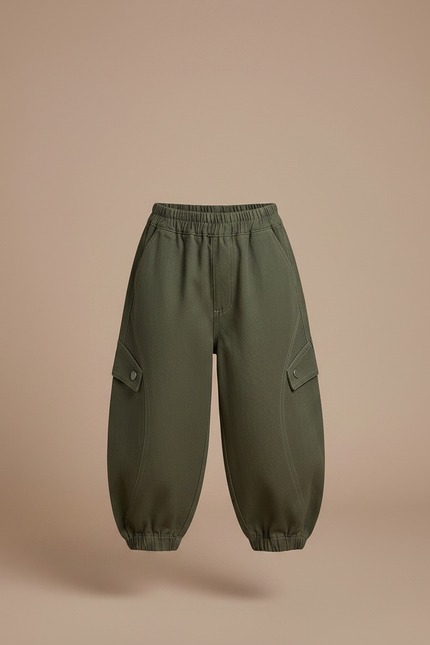 Pantalon Japonais Vert Ample Cargo Coton Enfant - Kaki - vue 3
