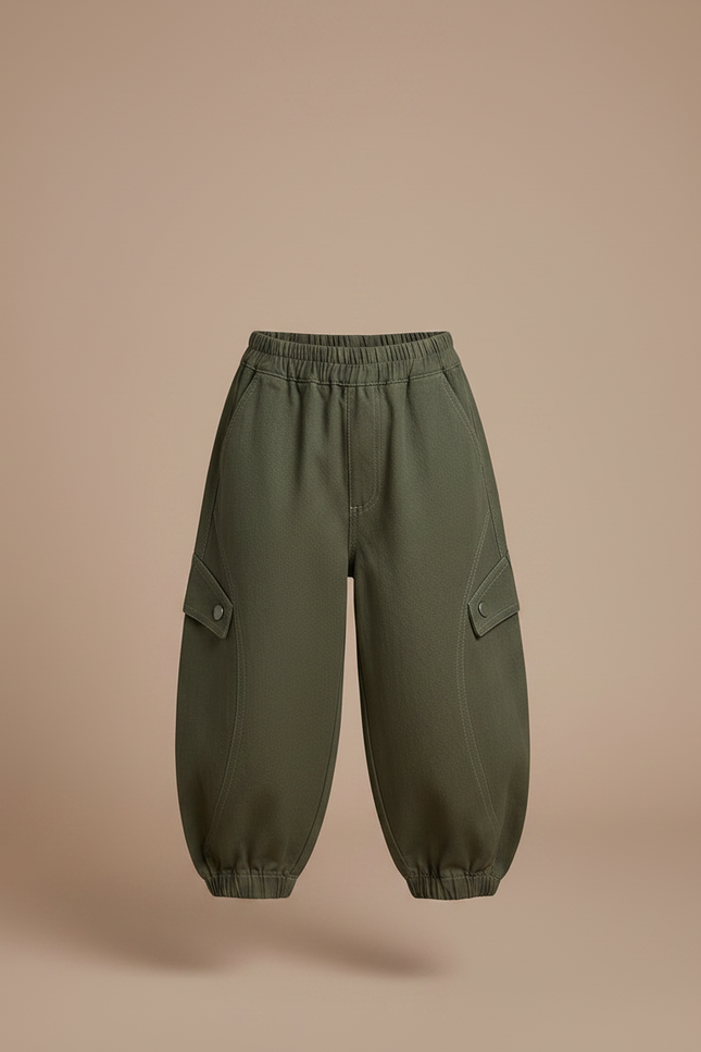 Pantalon Japonais Vert Ample Cargo Coton Enfant - Kaki - vue 3