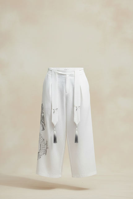 Pantalon Japonais Blanc Ample Lin Dragon Tassels - vue 3