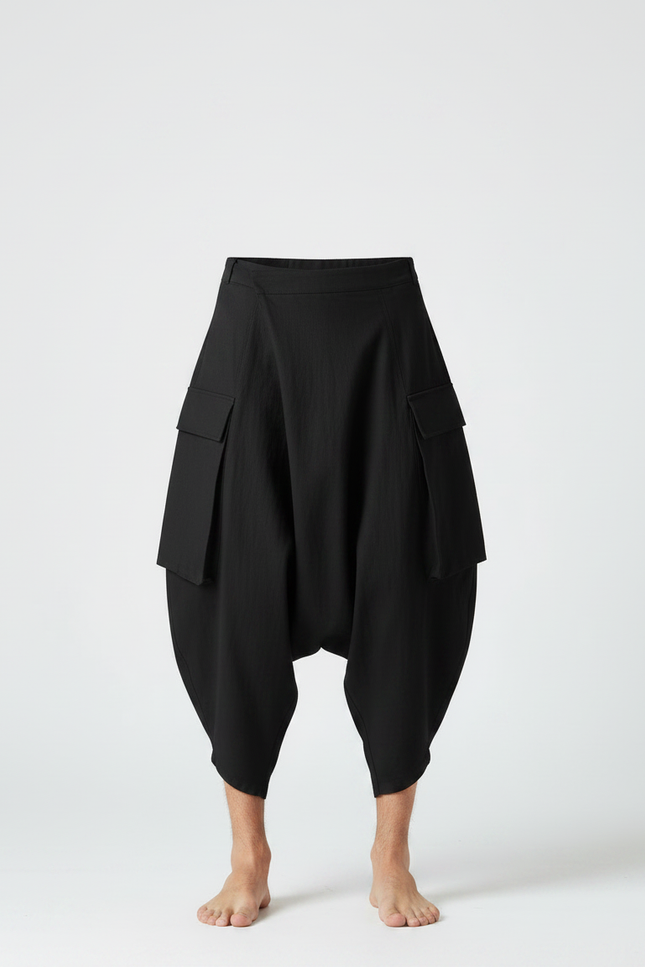 Pantalon Japonais Noir Sarouel Ample Cargo Homme Court - Toile - vue 3