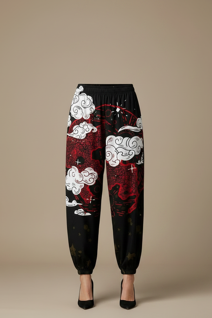 Pantalon Japonais Noir Dragon Rouge Ample Harajuku - Viscose - vue 3