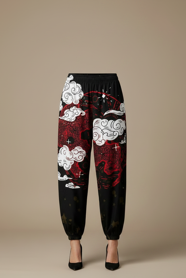 Pantalon Japonais Noir Dragon Rouge Ample Harajuku - Viscose - vue 3