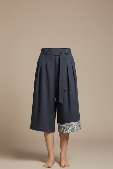 Pantalon Japonais Bleu Marine Ample Lin Brodé Vagues - vue 3