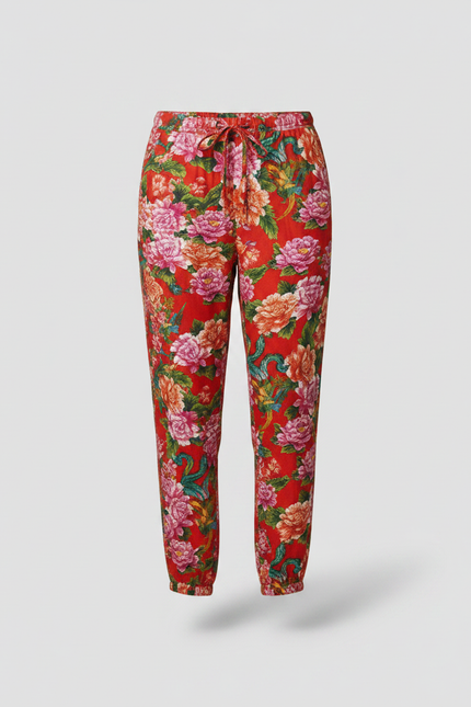 Pantalon Japonais Rouge Fleuri Ample Fluide Estival - Viscose - vue 3