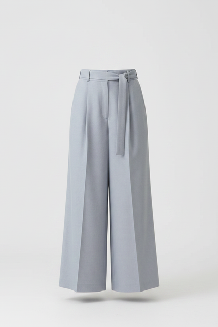 Pantalon Japonais Plissé Ample Gris Clair Ceinturé Long - Gabardine - vue 3