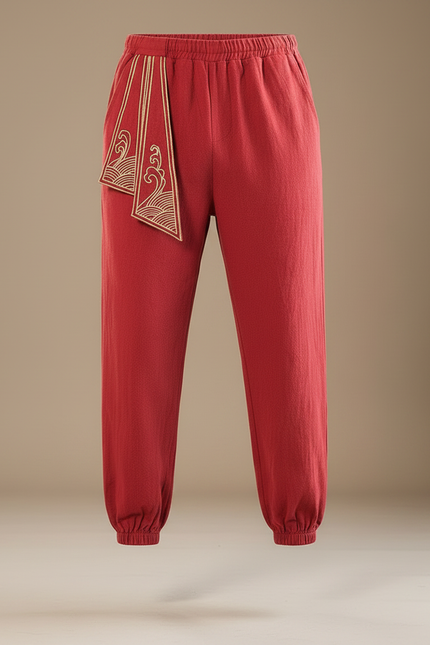 Pantalon Japonais Rouge Brodé Harem Décontracté Coton - vue 3