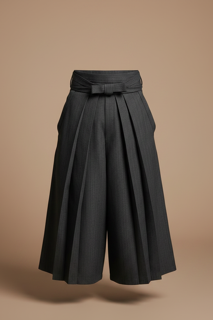 Pantalon Japonais Plissé Gris Ample Élégant Ceinturé - Laine - vue 3