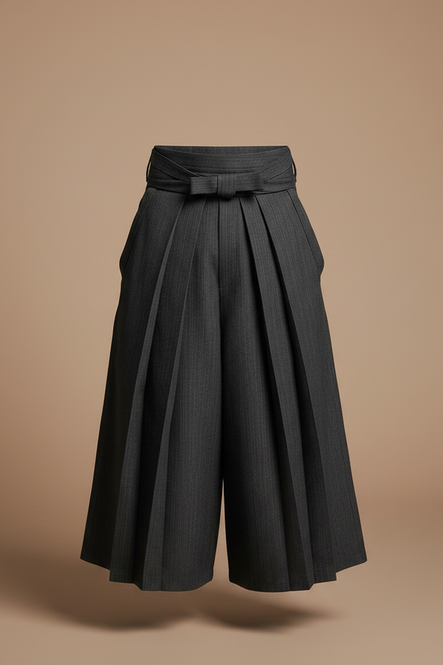Pantalon Japonais Plissé Gris Ample Élégant Ceinturé - Laine - vue 3