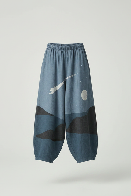 Pantalon Japonais Bleu Nuit Ample Imprimé Lune Chat - Coton - vue 3