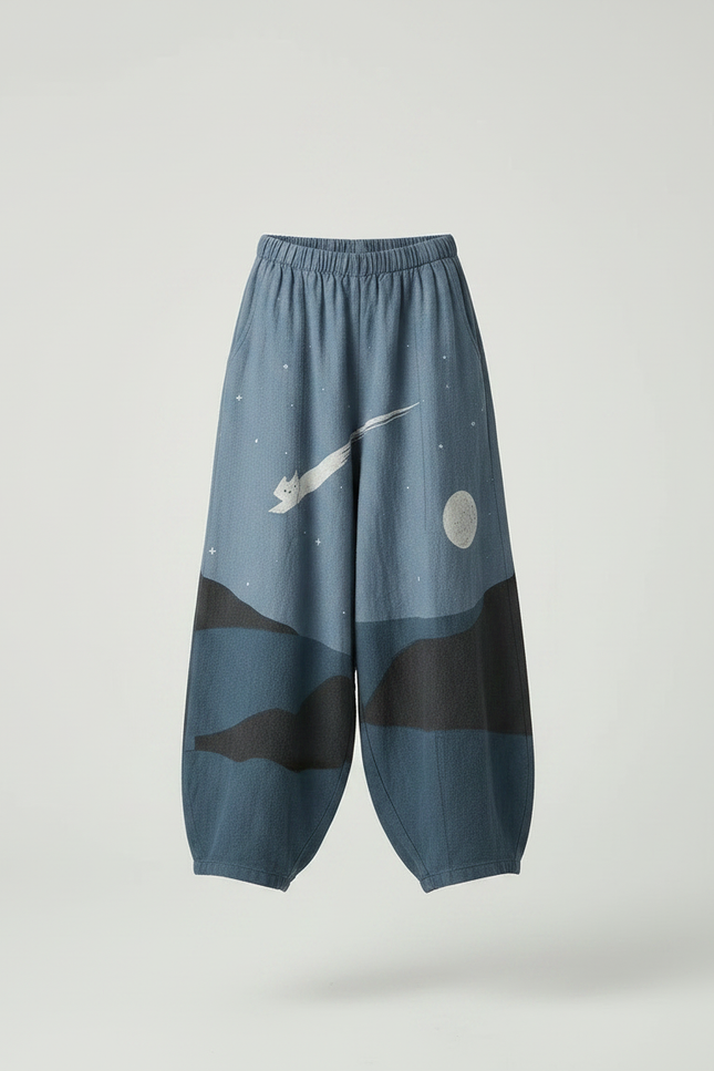 Pantalon Japonais Bleu Nuit Ample Imprimé Lune Chat - Coton - vue 3
