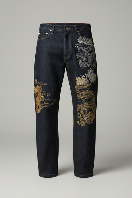 Pantalon Japonais Dragon Brodé Denim Ample Homme - Marine Jean - vue 3
