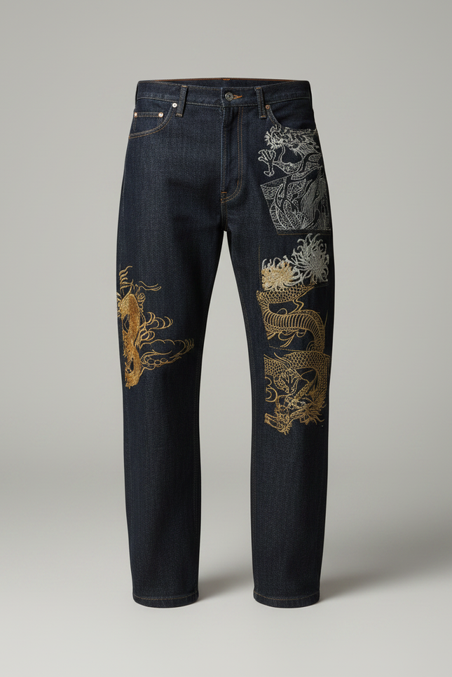 Pantalon Japonais Dragon Brodé Denim Ample Homme - Marine Jean - vue 3