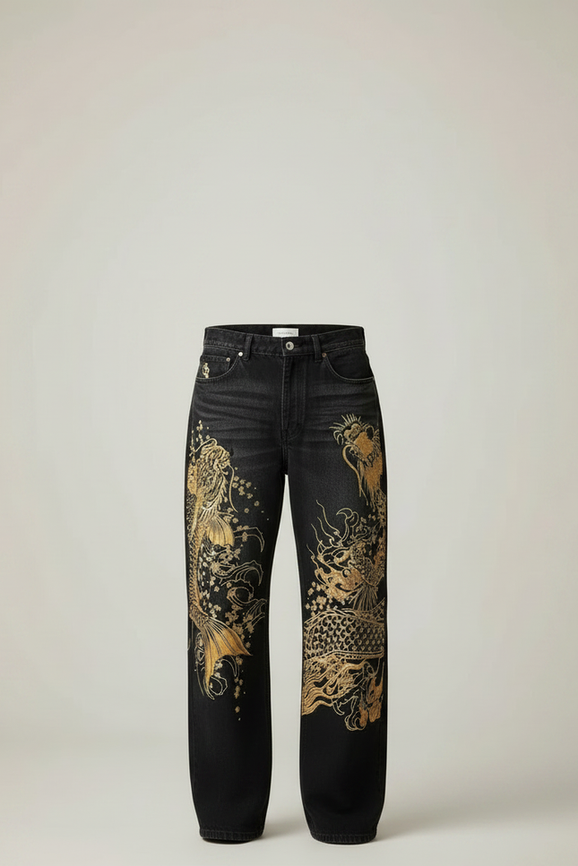 Pantalon Japonais Noir Brodé Ample Dragon Koi - Jean - vue 3