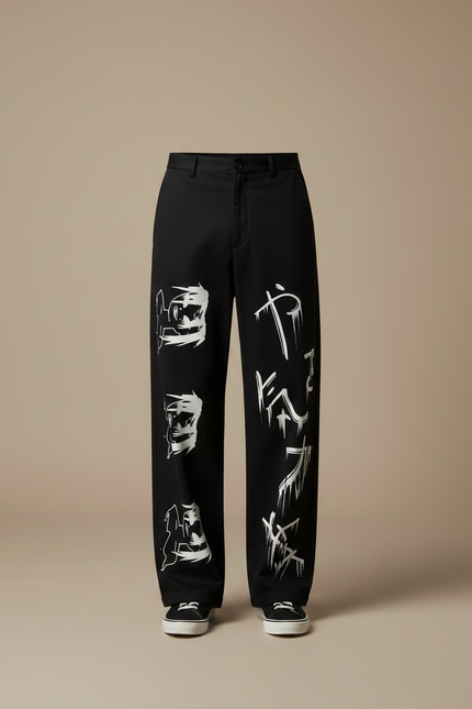 Pantalon Japonais Noir Ample Streetwear Imprimé Graphique - Gabardine - vue 3