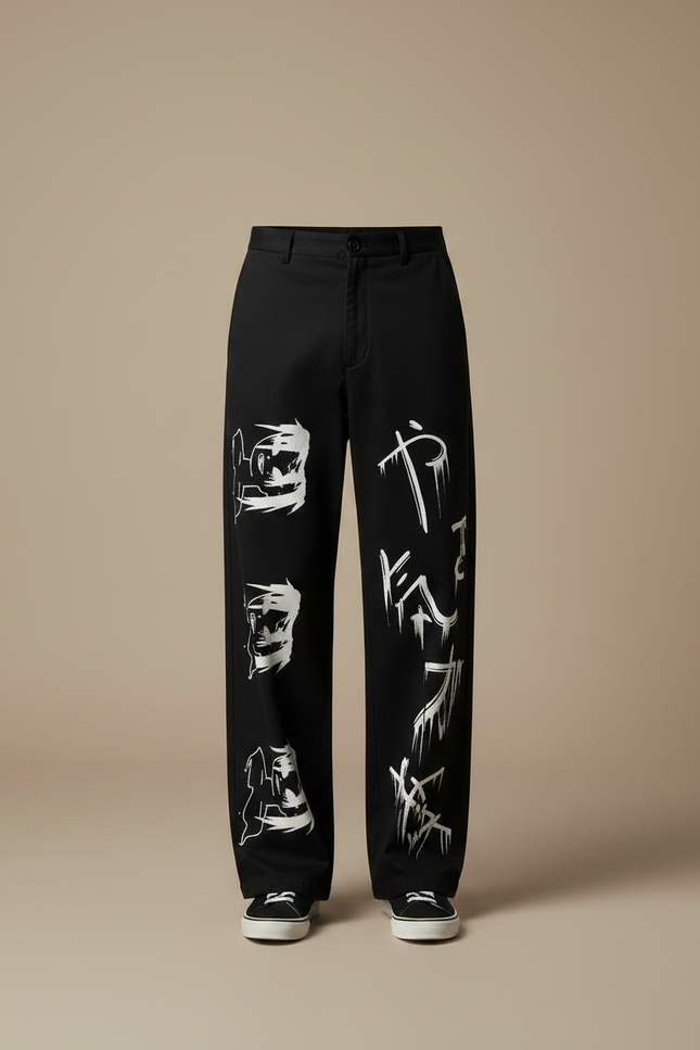 Pantalon Japonais Noir Ample Streetwear Imprimé Graphique - Gabardine - vue 3