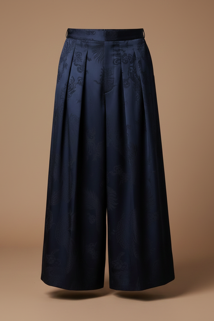 Pantalon Japonais Bleu Marine Jacquard Dragon Ample Homme - Satin - vue 3