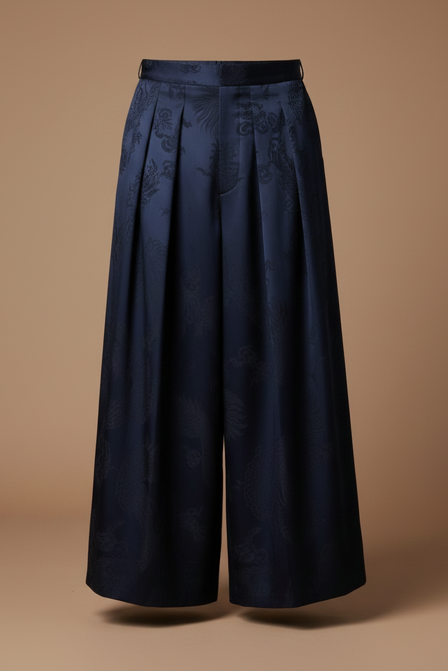 Pantalon Japonais Bleu Marine Jacquard Dragon Ample Homme - Satin - vue 3