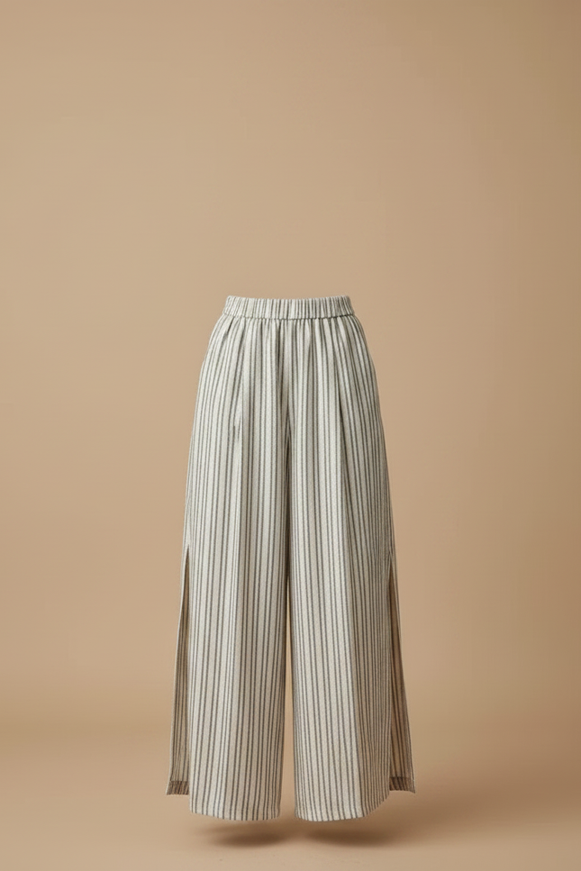Pantalon Japonais Rayé Ample Fluide Lin Fendu - Beige - vue 3