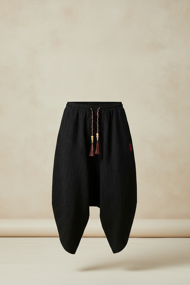 Pantalon Japonais Noir Sarouel Texturé Décontracté Homme - Coton - vue 3
