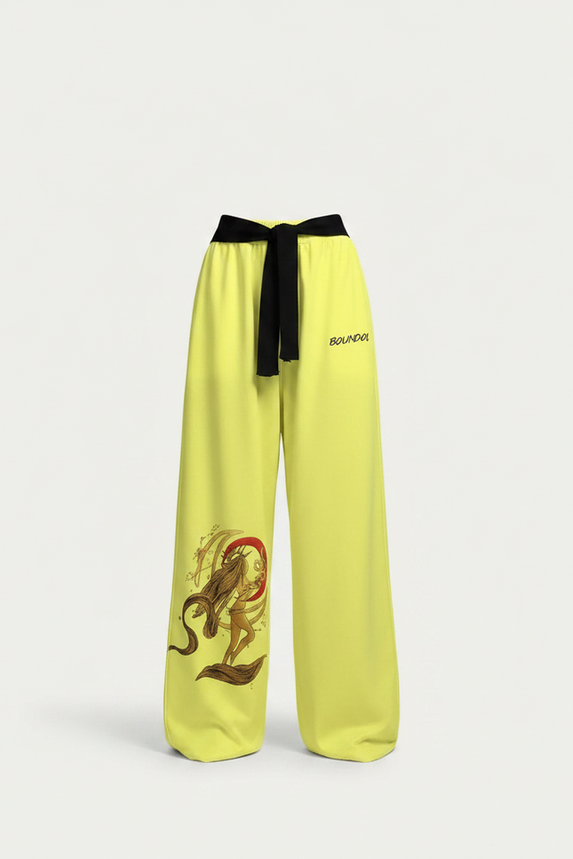 Pantalon Japonais Jaune Fluorescent Ample Imprimé Streetwear Femme - Polyester - vue 3