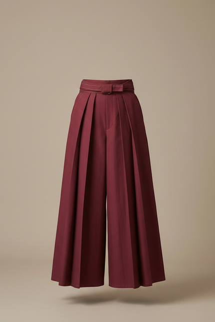 Pantalon Japonais Plissé Bordeaux Ample Élégant Ceinturé - Gabardine - vue 3