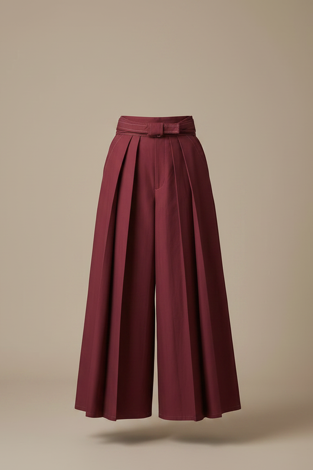 Pantalon Japonais Plissé Bordeaux Ample Élégant Ceinturé - Gabardine - vue 3