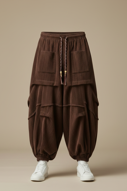 Pantalon Japonais Velours Côtelé Marron Ample Plissé Harem - Cordé - vue 3