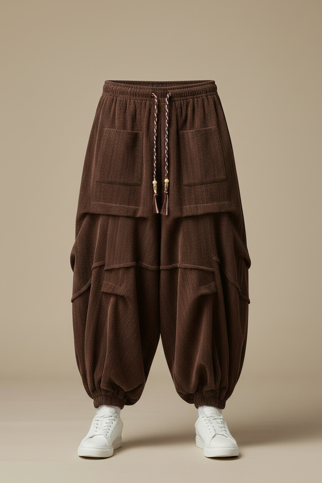 Pantalon Japonais Velours Côtelé Marron Ample Plissé Harem - Cordé - vue 3