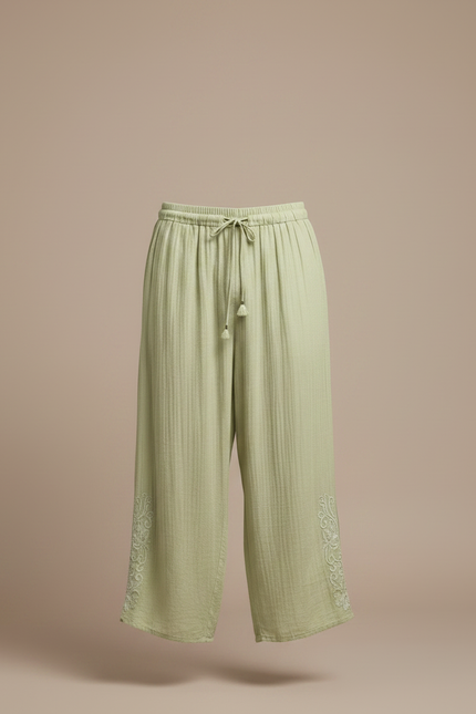 Pantalon Japonais Vert Ample Coton Brodé Décontracté - vue 3