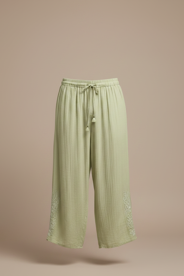 Pantalon Japonais Vert Ample Coton Brodé Décontracté - vue 3