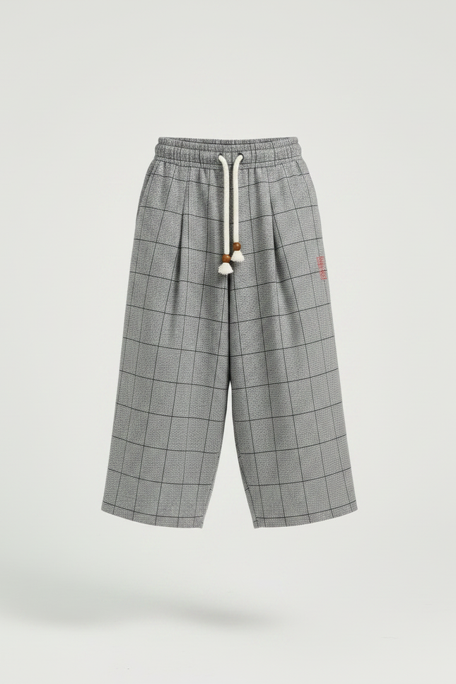 Pantalon Japonais Gris Plaid Ample Coton Lin Casual - vue 3