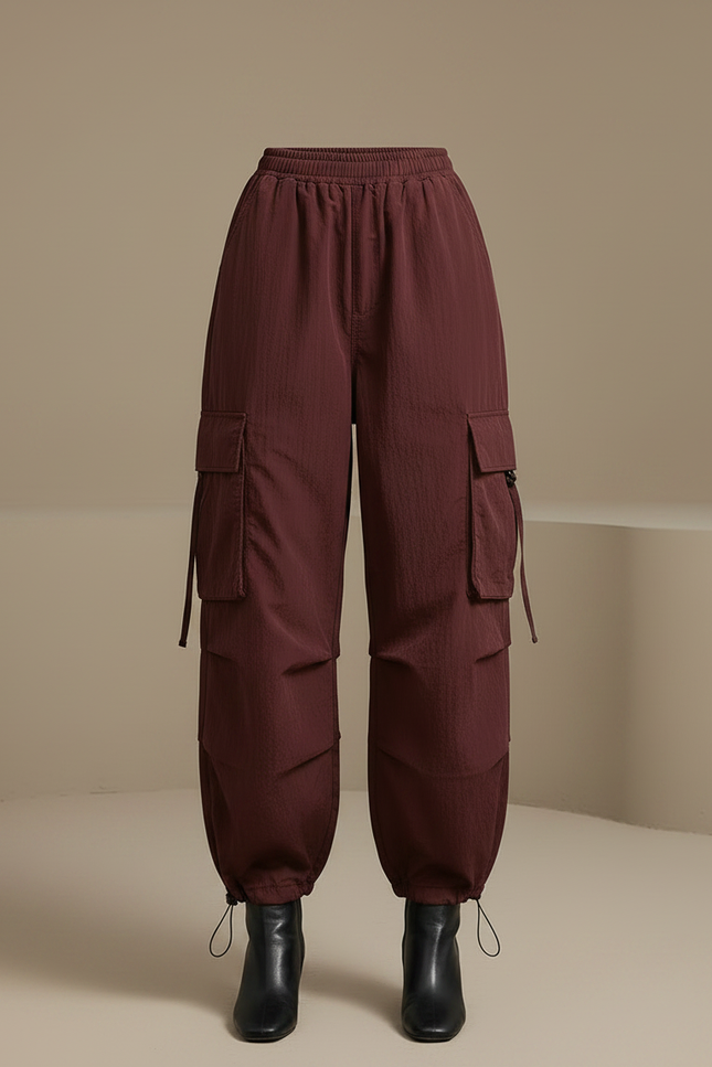 Pantalon Japonais Cargo Marron Ample Décontracté Femme - Bordeaux Polyester - vue 3