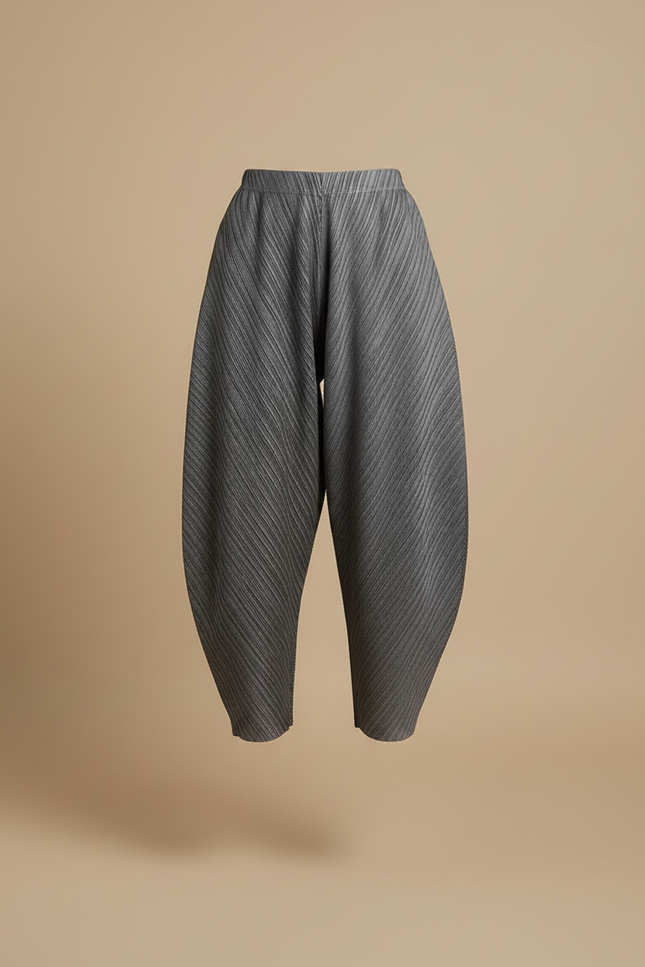 Pantalon Japonais Plissé Gris Ample Texturé Femme - Polyester - vue 3