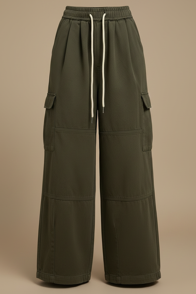 Pantalon Japonais Cargo Vert Ample Cordon Streetwear - Kaki Molleton - vue 3