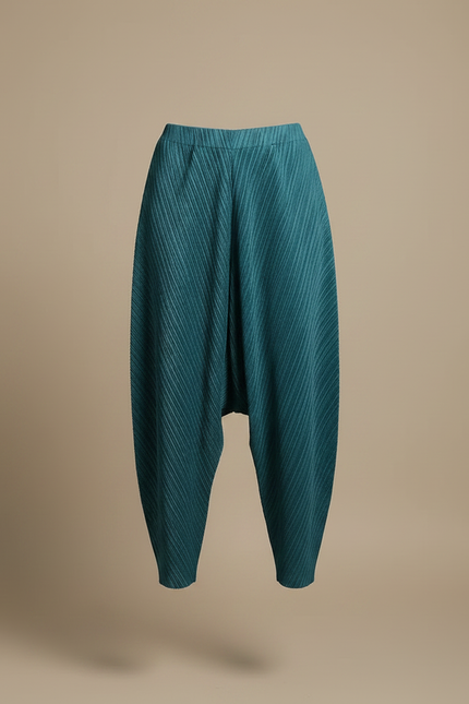 Pantalon Japonais Plissé Ample Bleu Canard Texturé - Polyester - vue 3