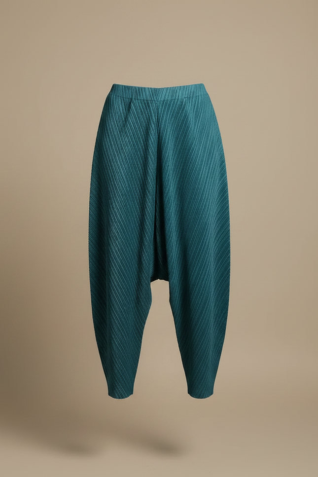 Pantalon Japonais Plissé Ample Bleu Canard Texturé - Polyester - vue 3