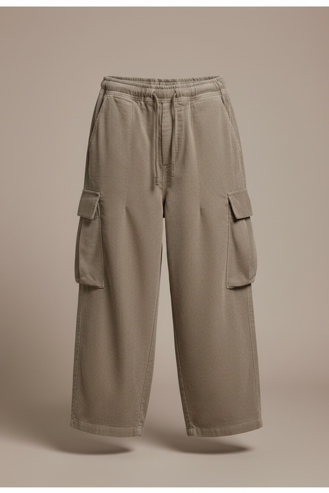 Pantalon Japonais Cargo Ample Côtelé Beige Garçon - Kaki Cordé - vue 3