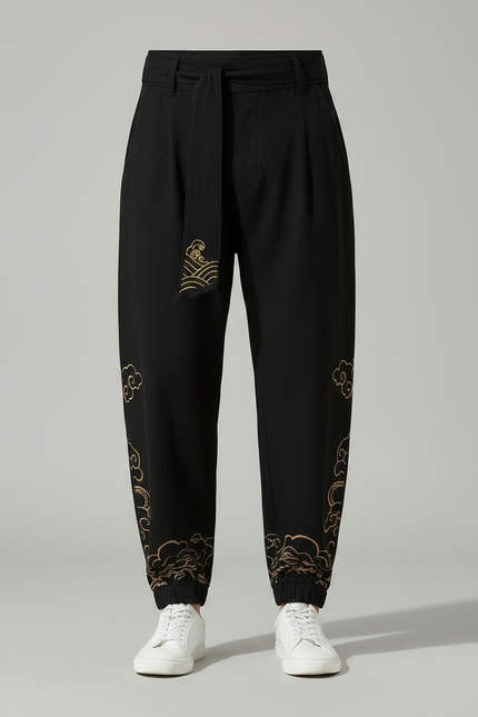 Pantalon Japonais Noir Ample Coton Brodé Nuages - vue 3