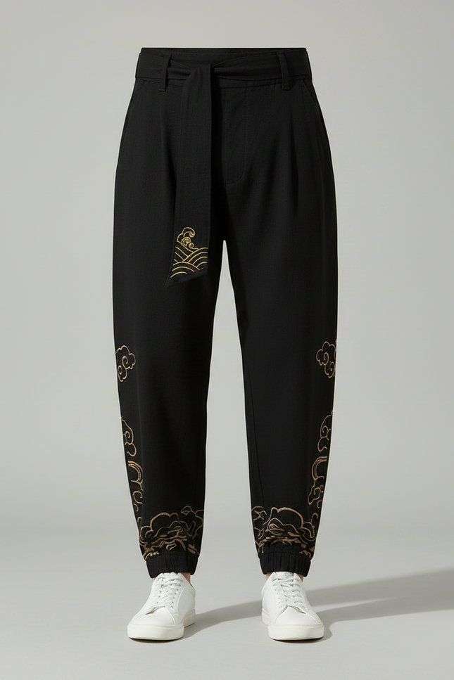 Pantalon Japonais Noir Ample Coton Brodé Nuages - vue 3