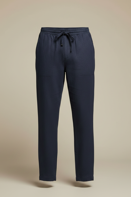 Pantalon Japonais Bleu Marine Lin Ample Décontracté Cordon - vue 3